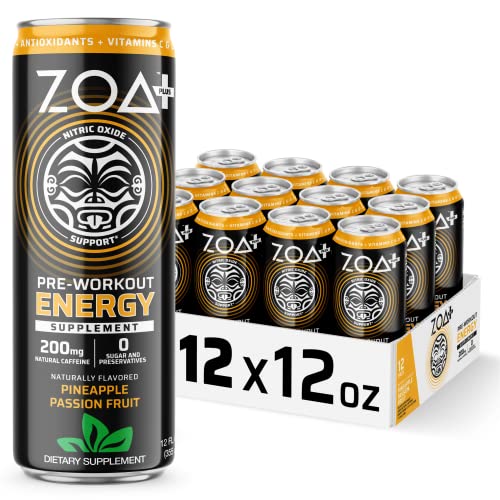 ZOA+ Plus Sugar-Free Pre-Workout Energy Supplement Drink, 12 Fl Oz | Nitric Oxide Support, Vitamin C, Vitamin B & 200mg Natural Caffeine | Pineapple Passion Fruit, (12 Pack)