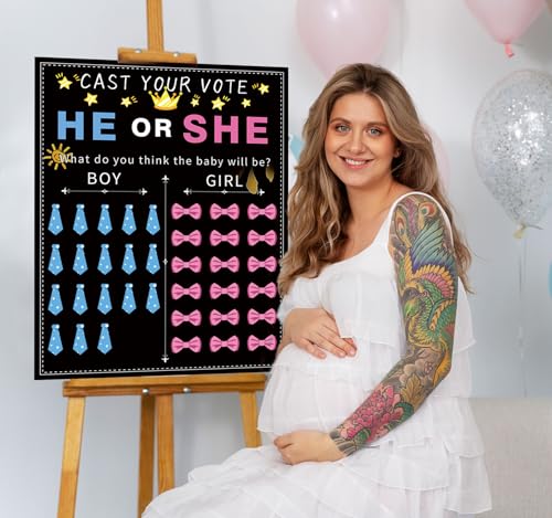 Baby Gender Reveal Party Supplies Kit, He or She Photo Props Games Decorations Gender Reveal Poster with 54 Sheets Blue and Pink Tie Bow Voting Stickers for Boy or Girl Game Party Supplies