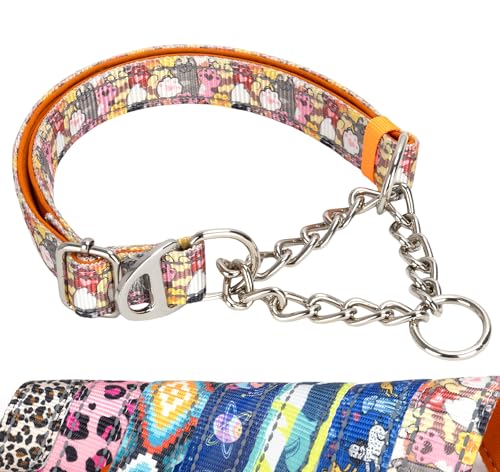 No-Pull Martingale Dog Collar with Chain - Adjustable Anti Pull Training Collar Safe Choker Control Limited Slip Walking Training Dog Collars Cute Dog Paw Print Medium
