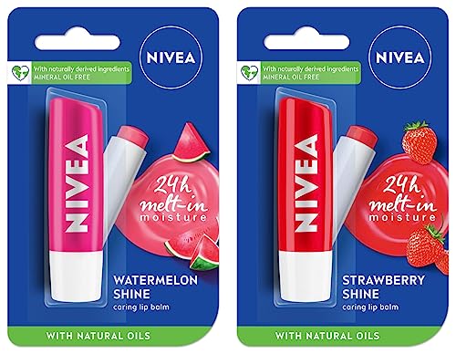 Image of NIVEA Lip Balm, Fruity Strawberry Shine & NIVEA Lip Balm, Fruity Watermelon Shine,4.8 g (Pack of 2)