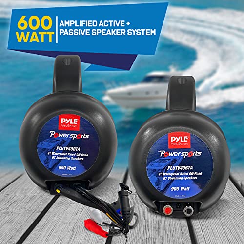 Image of 2-Way Waterproof Bluetooth Off-Road Speakers - 4 inch 900W Active Passive Marine Grade Wakeboard Tower Speakers System w /AUX, Full Range Outdoor Stereo Speaker for ATV /UTV Jeep Boat - Pyle PLUTV40BTA