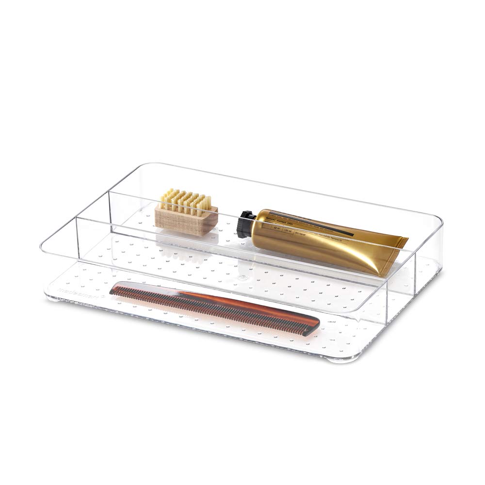 Bandeja de almacenamiento debajo del fregadero, bandeja de compartimento con tres secciones espaciosas, forro de agarre suave, base antideslizante, duradera y fácil de limpiar, color blanco 3