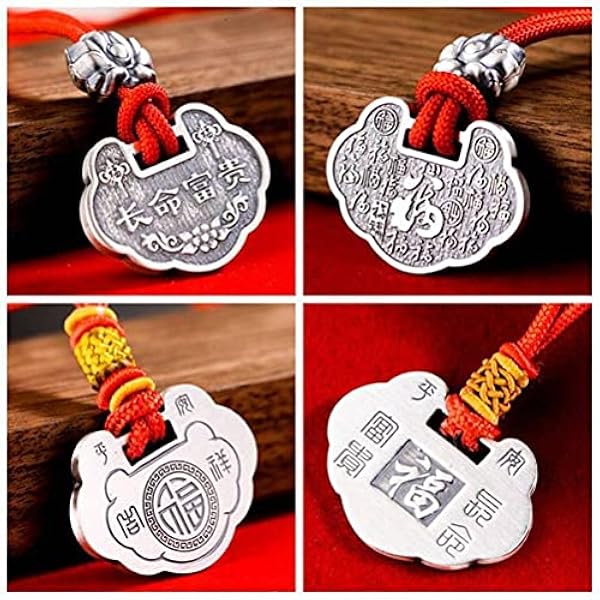 WEISHA Collar de Plata de Ley S999 con Colgante de Cerradura de la Suerte, Etiqueta de Cuerda Roja Ajustable, Bendición GrabadaE