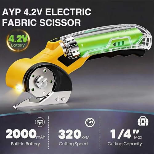 Image of AYP 4.2V Cordless Electric Scissors, Fabric Leather Plastic Cutter Machine, Rotary Utility Knife for Carpet Cardboard Craft Cutting with Storage Box(Yellow)