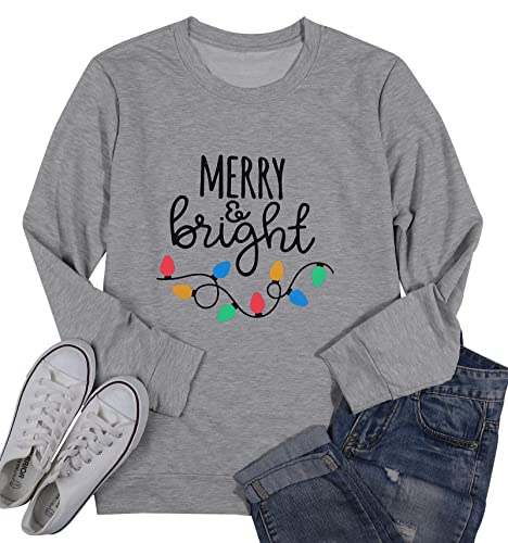 Moletons femininos de Natal com estampa gráfica alegre e brilhante camisas de manga comprida pulôver