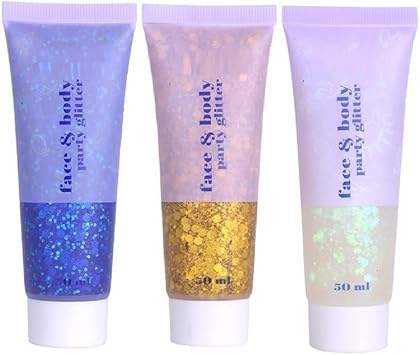 3 Color Face and Body Glitter Gel, Neon Outfit Glow Party for Body Hair Face Nail Glitter Stick Makeup. 01-Blue&02-Gold &06-White Moonbeam