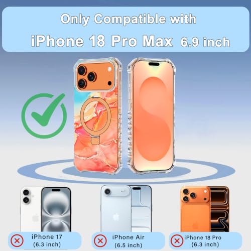 Shecaset for iPhone 18 Pro Max Case,[Compatible with MagSafe][Invisible Magnetic Ring Stand],Slim Iridescent Wavy Women Girls Case for Apple iPhone 18 Pro Max 6.9"(2026),Orange/Gold - image 2