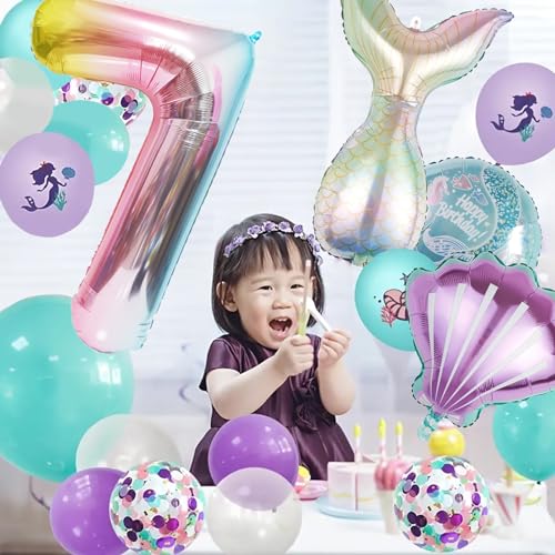 Image of Mermaid Birthday Decorations Mermaid Balloons - Number 7 Balloons for Girls Under The Sea Mermaid Theme Baby Shower Birthday Favors