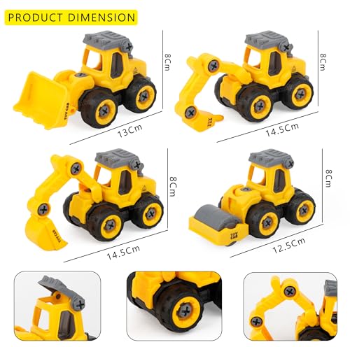 Image of Zest 4 Toyz Construction Truck Toy for Kids Set of 4 Take Apart Vehicles with Screwdriver DIY Building Playset Toy for 3 4 5 6 Years Old Boys Girls (Yellow)