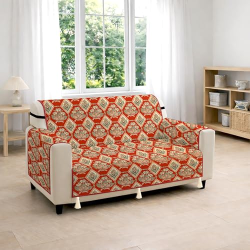 Image of Cloth Fusion 300 GSM Quilted Jaipuri Theme Printed 2 Seater Sofa Cover Mat-Style Fully Covered with Armrest Pockets, Adjustable Straps & Lock Fit (120 cm Seat Run, Diamond Trellis)