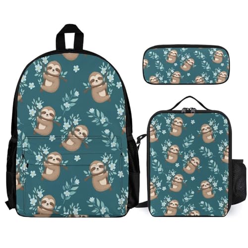 AMRANDOM Backpack Bookbag Set with Lunch Box Case Sloth Flowers Backpack Casual Daypacks