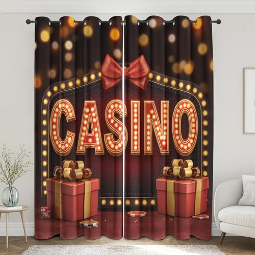 Casino Night Party Blackout Curtains for Living Room, Las Vegas Casino Curtains 63 Inches Long, Thermal Insulated with Grommet, Entertainment Games Window Drapes for Bedroom Home Decor 2 Panels