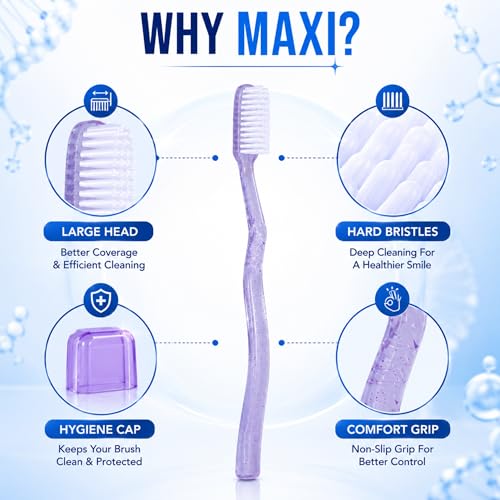 Image of MAXI System Hard Toothbrush for Adults | Deep Plaque & Stain Removal | Anti-Bacterial Travel Cap | Manual Big Head Hard Bristles Tooth Brush | Multicolor Pack of 6