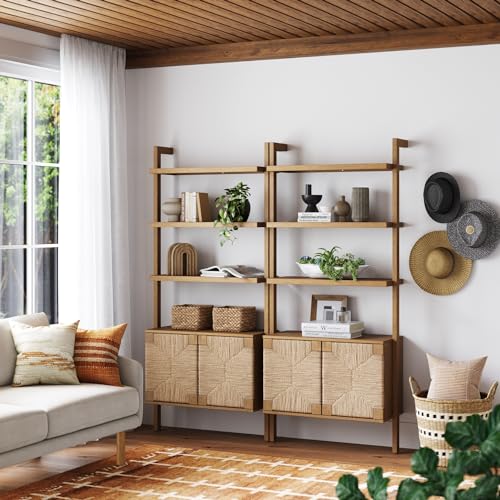 Nathan James Beacon 3-Shelf Solid Wood Bookshelf with Storage Cabinet, Bohemian Wall Mounted Shelf with Seagrass Door Fronts, Set of 2 by Nathan James - Used condition - Image 2