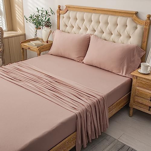 PURE ERA Jersey Knit 4pc Bed Sheet Set 100% T-Shirt Cotton Super Soft Comfy Breathable Fits Mattress Up to 20" Extra Deep Pocket (Solid Petal Pink, Full)