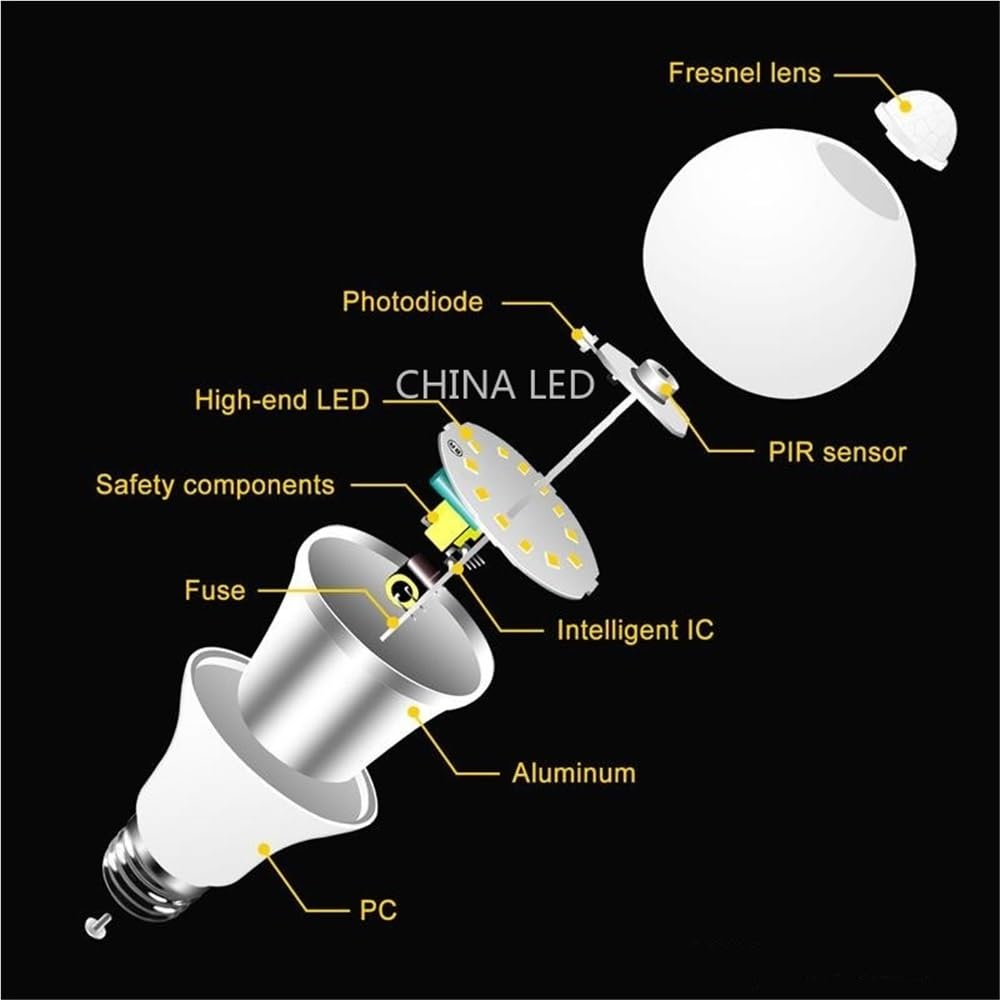 1fortunate Lights 1 0pcs AC85-265V 12W 15W 18W 20W LED PIR Bombilla del Sensor de Movimiento E27 2835SMD Lámpara de luz del Detector de Movimiento de radiación infrarroja(Blanco,20W)
