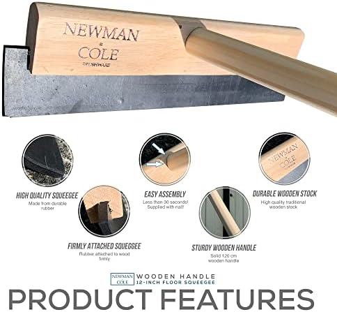 Newman and Cole 12-inch Wooden Floor Squeegee Heavy Duty | 120cm Long Handle Squeegee Broom Wet Room Floor Wiper, Patio and Swimming Pool Squeegee for Cleaning Spills and Excess Waters