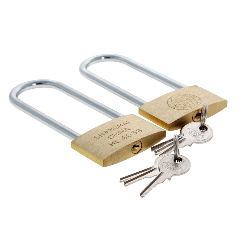 MroMax Brass Padlock, Keyed Different, 50mm Wide Brushed Finish Long Harden Shackle, Waterproof Rust-Proof Door Lock Long Beam Lock for Drawer, Gym, Cabinet, Warehouse, 2Pcs