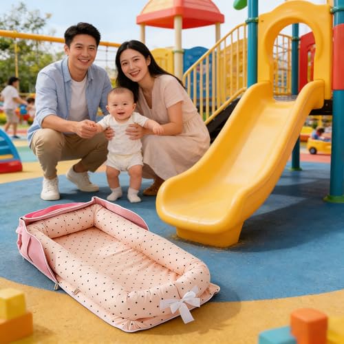 Image of Baby Lounger for Newborn Portable Bag,Baby Nest Play Gym mat with Strap,Newborn Lounger Adjustable Size & Inner Zipper Lengthen Space to 24 Months(Pink Polka Dots)