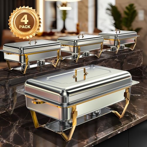 WARMOUNTS Gold Chafing Dishes for Buffet 9QT 4 Pack, [Worry-Free Assemble] 430 Stainless Steel Chafing Dish Buffet Set w/Foldable Frame, [No Finger Cut] Chafer for Catering, Parties (Full Size Pan)