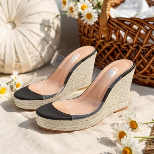 Image of VARECOLA Women Slip On Espadrille Platform Wedge Sandals Slide Open Toe Clear High Heel Sandals