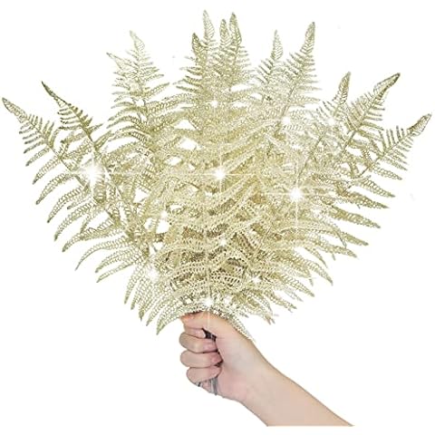 Christmas Leaves Artificial Flashing Leaves Glitter Tropical Leaf Christmas Picks Flower Arrangements Wreaths DIY Christmas Hanging Ornament for Wedding Xmas Tree Decorations (20, Champagne Gold) Cover