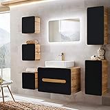 Badezimmer Badmöbel Komplett-Set in seidenmatt anthrazit mit Wotaneiche, 80cm Waschtisch-Unterschrank mit Keramik-Waschbecken, LED-Spiegel, Unterschrank, 4 Hängeschranke, B/H/T ca. 180/200/46cm