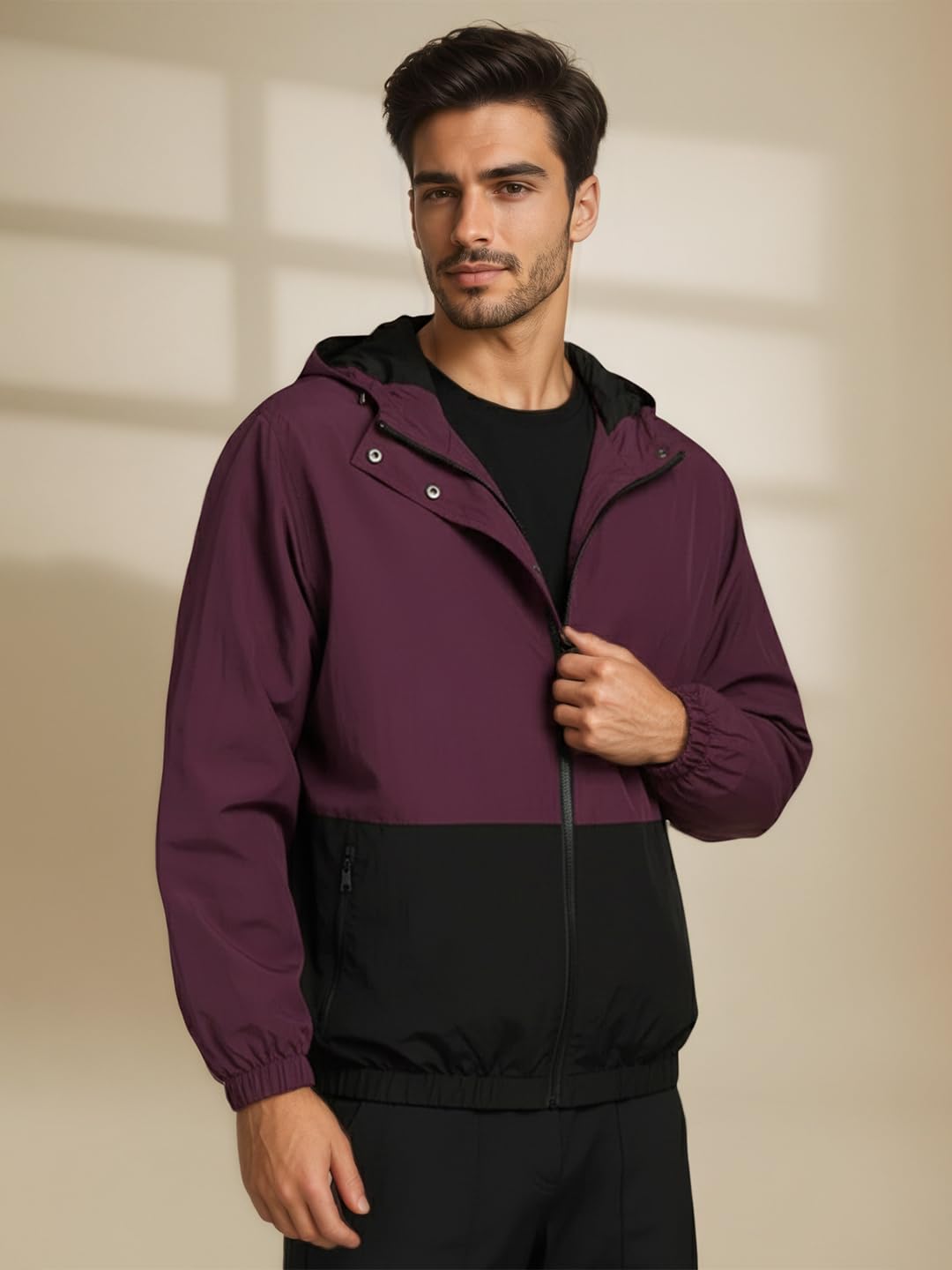CHKOKKO Mens Stylish Oversized Windcheater Jacket with Zip Closure Lightweight Sportswear for Running Travel Hiking Outdoor and Rainy Season Wear MaroonBlack M 4