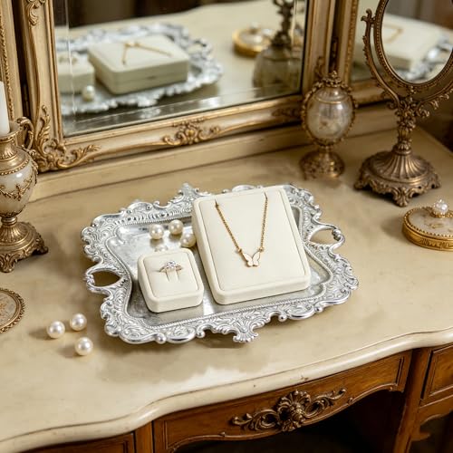 Image of Funly mee 8 x 7 inches Antique Trinket Dish Vintage Jewelry Tray, Ring Holder (Sliver, M)