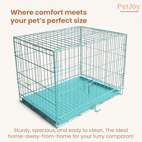 Image of PETJOY Foldable Metal Dog Cage | 36 Inch Dog Crate Kennel for Puppies, Large Dogs, Cats & Rabbits | Double Door with Secure Lock, Removable Leak-Proof Tray | Portable & Easy to Clean Pet Cage (Blue)