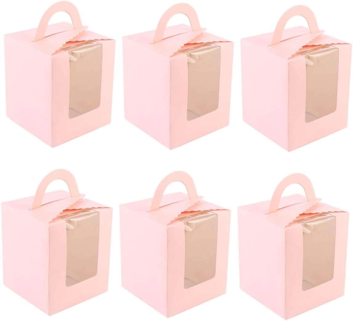 50pcs Pink Single Muffin Boxes with Handle and Window, Paper Cupcake Containers for Bakery, Wedding, and Party Cake Packing