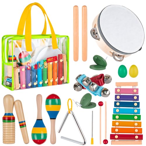 Stoie's Ensemble d’Instruments de Musique pour Enfants – Instruments de Percussion en Bois pour Tout-Petits, Xylophone, Tambourin, Maracas, Jouets musicaux pour...