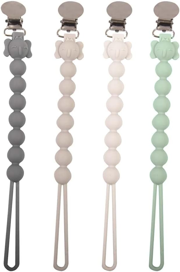 4-Pack Silicone Pacifier Clip Holder with One Piece Design, Soft Flexible Binky Clips with Texture, Teethers Toys Clips, for Baby Boys and Girls (Style 2)