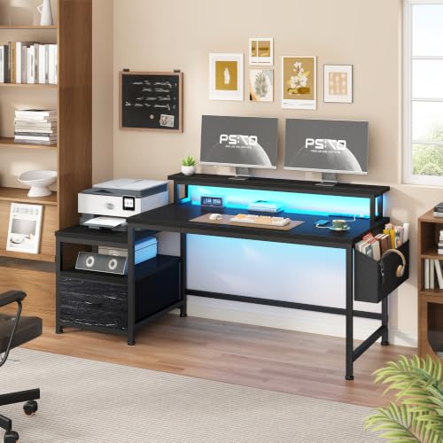 Image of EnHomee 56.5 inch Office Desk with Drawers & Printer Space for Home Work,Black | Computer Desk with 3 AC Outlets& 2 USB Ports,Waterproof LED Strip Lights,Monitor Stand & Side Pockets,Home Office,Bedroom