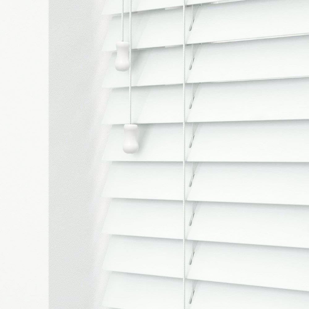 APEX FURNISHING White Faux Wood Venetian Blinds with Strings 50mm Slats Easy Fit Child Safe Trimmable Home Office Window Blinds (150cm x 213cm)