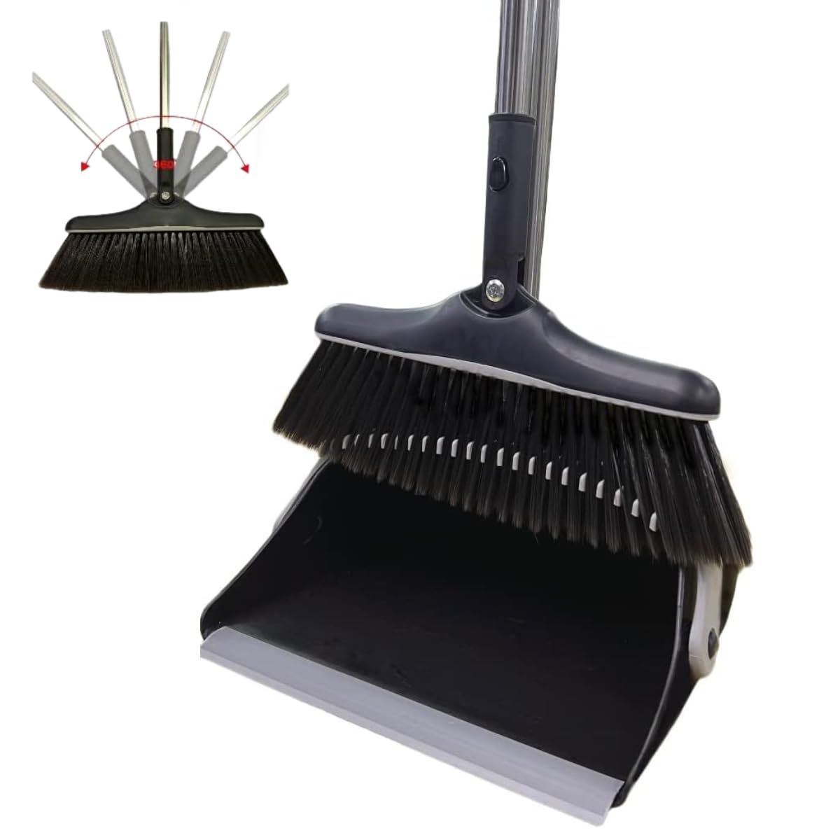 Swisspack Black Long Handled Extendable! Dustpan And Brush, Broom And Dustpan Set, Household Dust Pan Combo With 54 Inch Handle For Indoor Outdoor Household Cleaning And Sweeping (Black)