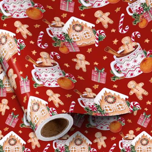 RUSPEPA Christmas Wrapping Paper Roll Mini Roll Christmas Gingerbread House Red Pattern Gift Wrap Great for Xmas Gifts Holiday Party 17 Inches X 32.8 Feet