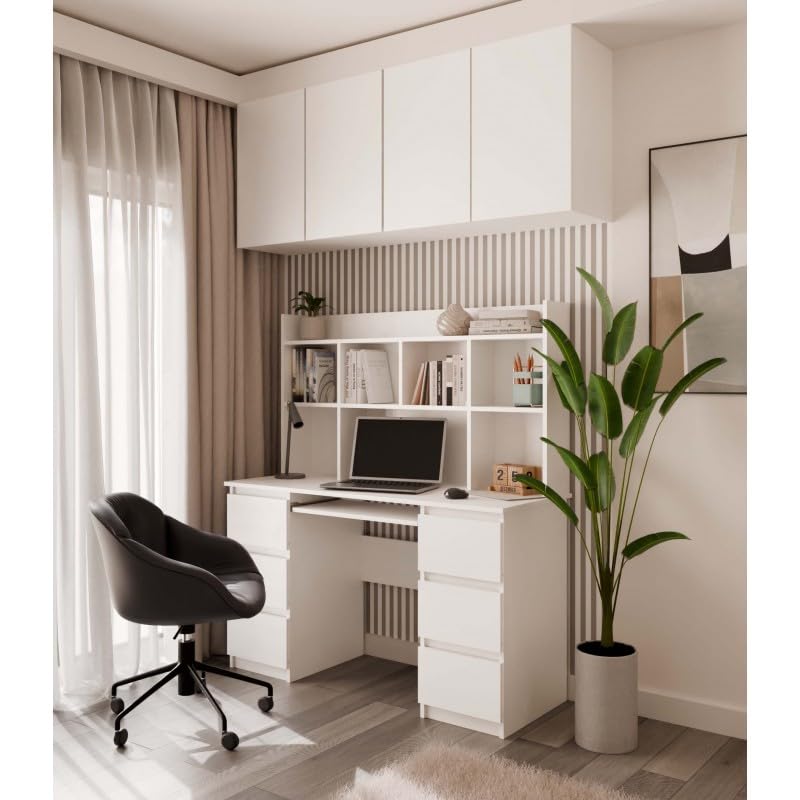 CDF Schreibtisch mit Aufsatz Computertisch 6 Schubladen Tastaturauszug Arbeitstisch Regal Bürotisch Modernes Design Home Office 130 x 51 x 146 cm - Weiß