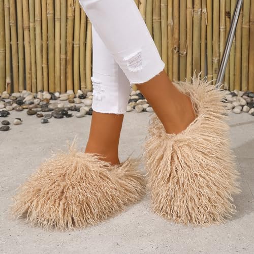 Image of Unisex Fuzzy Faux Fur Slippers, Women's Fluffy Long Hair Sheep Faux Fur Slip on Slides, Girls Luxury Big Fluffy Outdoor Flat Slippers, Long Curly Hair Non-Slip Warm Home Slide Shoes