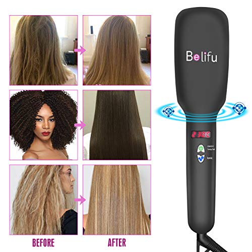 Belifu Ionic Hair Straightener Brush Dual Voltage with Silicone Mat Pouch for Safe Storage, Straightening Comb Protect Sensitive Scalp, 30s Fast Ceramic Heating, Auto Off,with Comb Cleaner and Glove - Thumbnail 4
