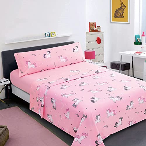 Dalina Textil Juego de Sábanas Infantil para Cama 3 Piezas - 1 Sábanas Bajera Ajustable Cama 105cm con Encimera 175x260cm y 1 Funda de Almohada Larga (Cama de 105x190cm Unicornio)
