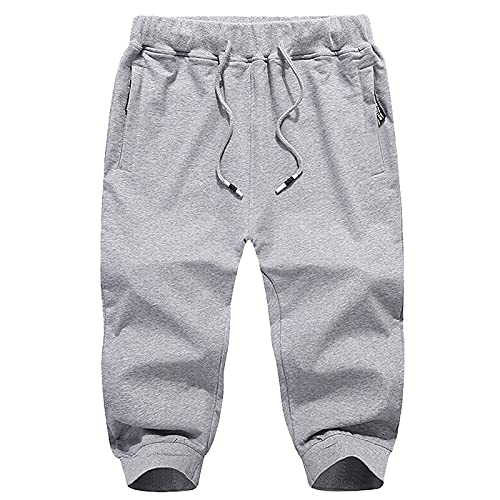 BUKINIE Pantalones cortos casuales de algodón para hombre, 3/4, pantalones capri con bolsillos con cremallera, ajuste delgado, para entrenamiento, correr, entrenamiento, Gris-a, 3XL