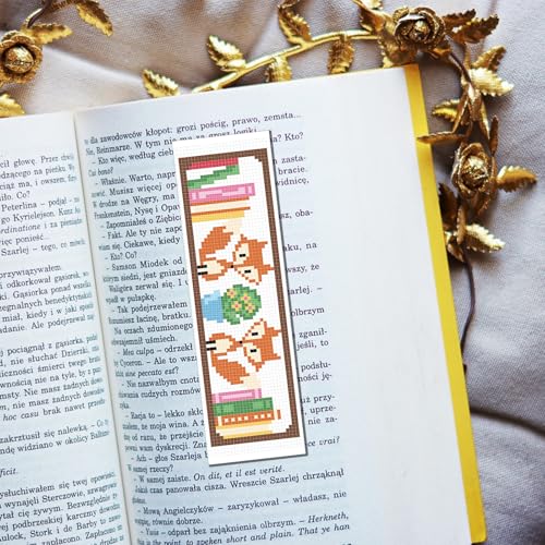 Image of FREEBLOSS 6 Set Cross Stitch Bookmark Kits Fox Bookshelf Pattern Stamped Embroidery Kit Stitch Bookmarks DIY Book Marks Printed Cross Stitch Kits with Instructions for Beginners Adults, 8''x2.4''