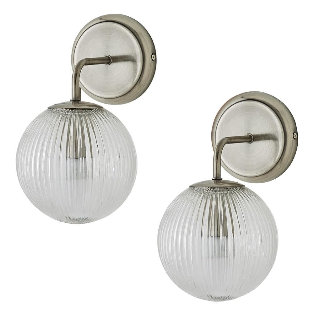 B&Q -  Kempton Pair Of Brushed Chrome Wall Lights With Ribbed Globe Shade