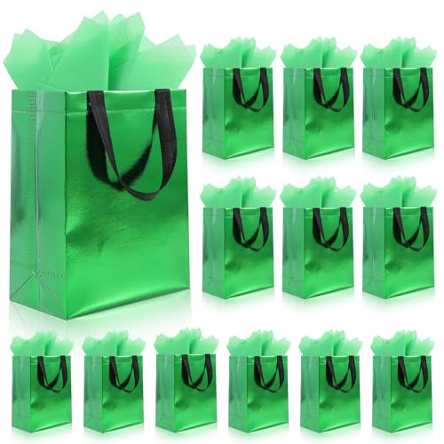 Addblu 12 Pack Reusable Gift Bags with Handles & 24 Tissue Papers 10x4x8 Inch Iridescent Gift Bags with Cardboard Bases for Shopping Parties Birthdays Weddings Holiday Fathers Day (Green Gift Bag)