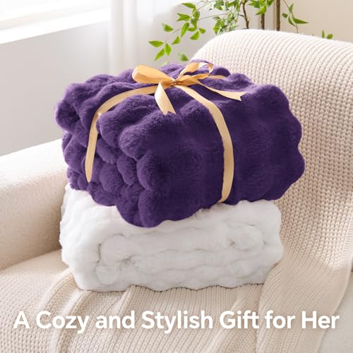 Image of BEDELITE Faux Fur Throw Bubble Blanket for Couch, 60 inch x 80 inch, Purple | 870GSM Soft Cozy Plush Blanket for Sofa & Bed Living Room Decor, Warm Fuzzy Faux Rabbit Fur for Women Gift, All Season Use