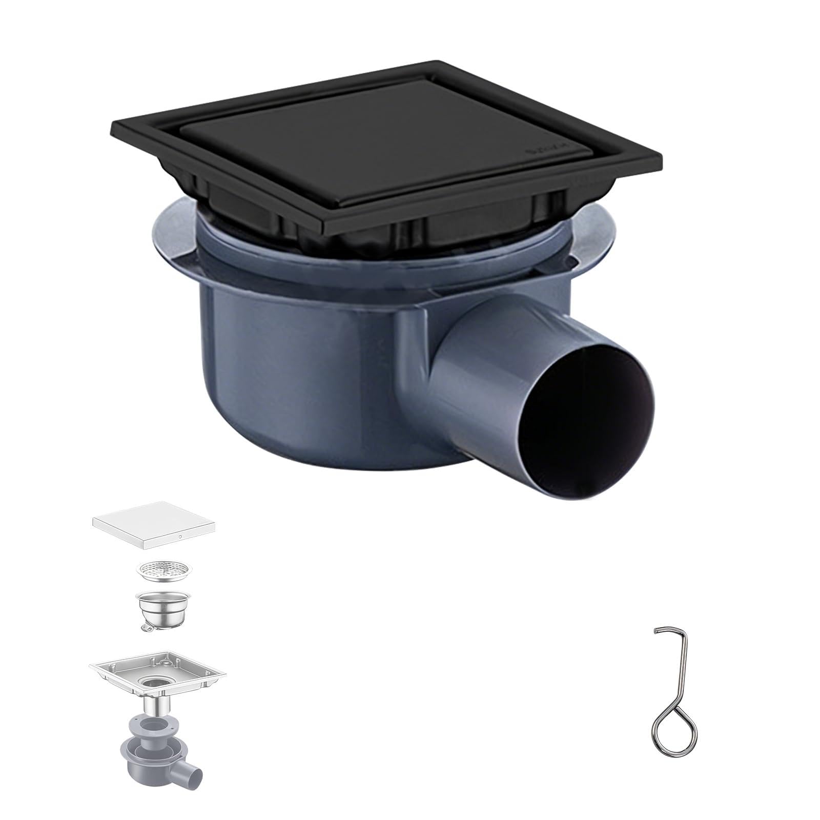 Shower drain cover replacement,Stainless Steel Floor Drain Adapter, 150mm, Floor Drain Shower, Hair Filter, 2-in-1 Tileable Drain Channel with 360° Siphon Odour Trap Bathroom Floor (Black, 10CM*10CM)