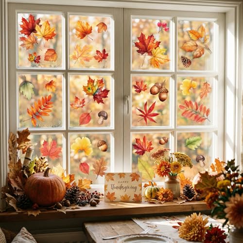 Image of Fall Window Clings Decor Pumpkin Maple Leaf Autumn Thanksgiving Decorations | 9 Sheets Window Stickers for Glass Windows, Fall Harvest Decals for Home Office School Classroom, Holiday Party Supplies