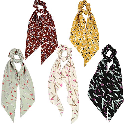 Hair Scarf Scrunchies Chiffon Hair Scarves Ponytail Hair Ribbon Tail Ties Bands Floral Flower Leaves Pattern Printed Long Bow Knotted Fashion Vintage Scarves Scrunchie for Women (5pcs)