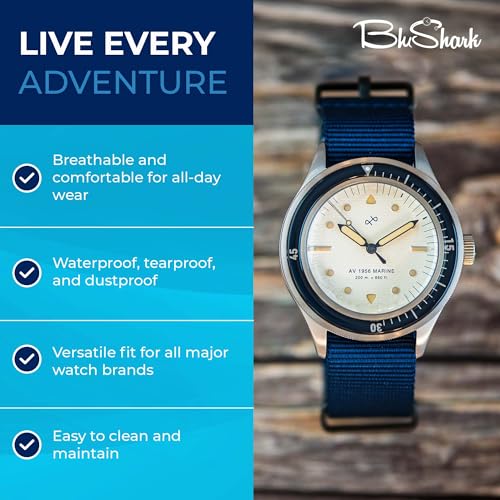 Image of BluShark - Original Collection Military-Style Waterproof Watch Strap, Fits All Timepiece Brands, Durable Nylon Wristwatch Accessories with Stainless Steel Buckle - 18mm, 20mm, 22mm & 24mm Watch Bands
